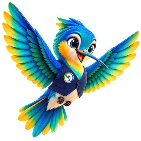 Sunny, the colorful Web Strategy Plus hummingbird mascot