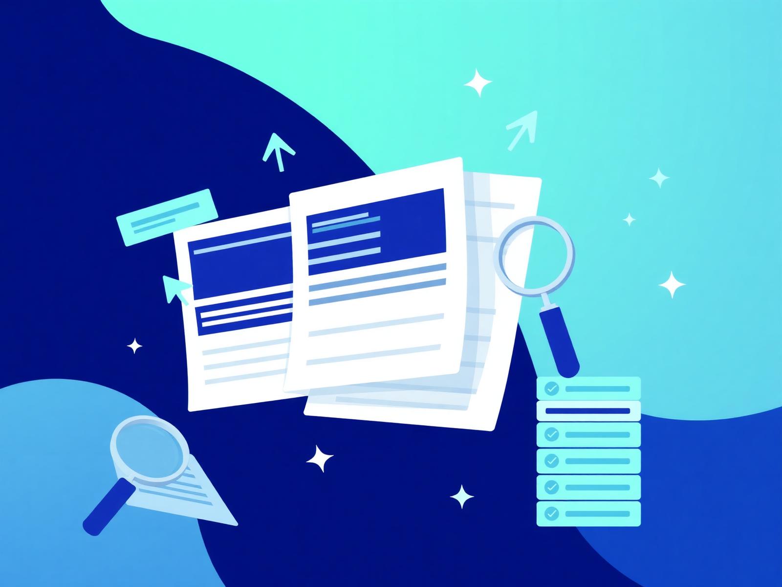 Illustration of layered blog article pages with a magnifying glass, keyword tags, and rising ranking arrows